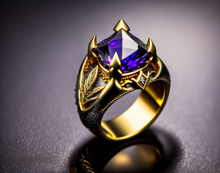 Golden Ring with Large Purple Gemstone on Grey Background