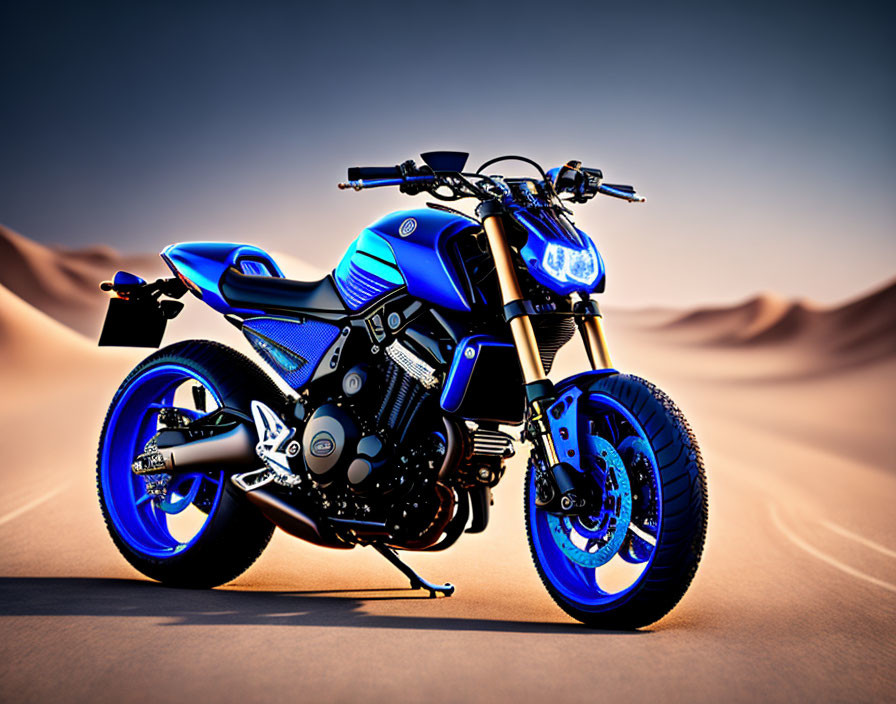 Blue Motorcycle on Sandy Terrain with Dunes Background