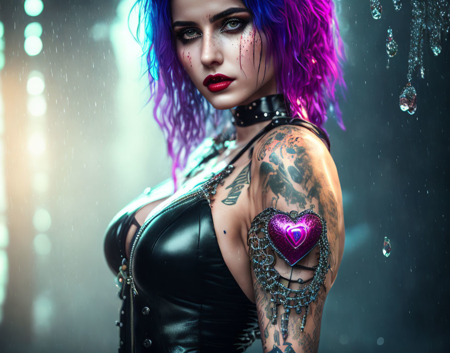 Woman with Blue and Purple Hair in Black Outfit with Face Tattoos and Heart-shaped Adornment