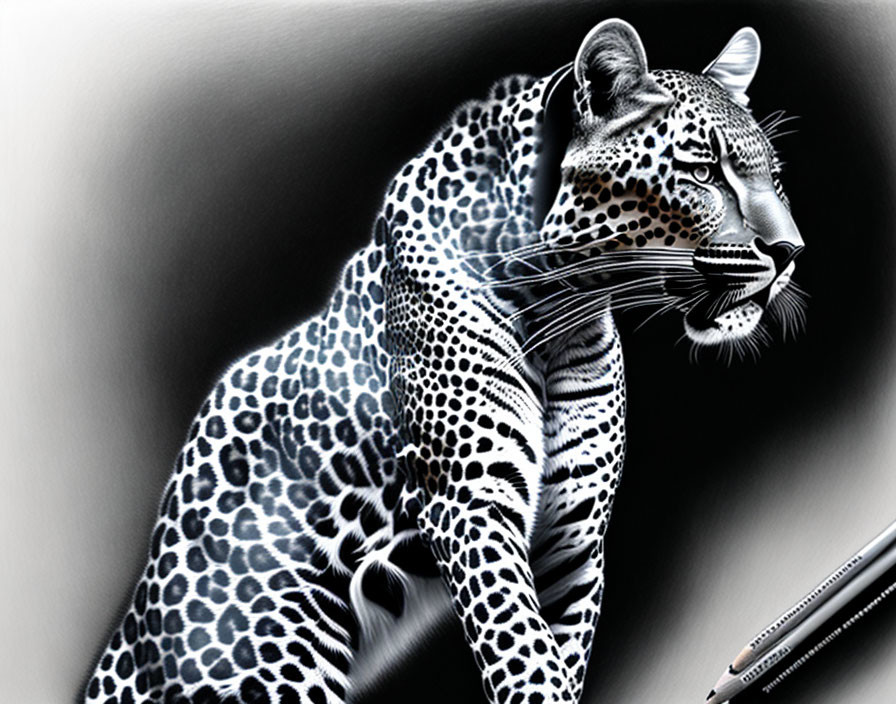 Detailed Black and White Leopard Drawing with Intense Gaze and Spotted Fur