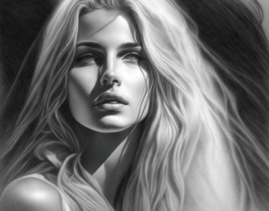 Detailed Monochromatic Portrait of Woman with Flowing Hair and Thoughtful Expression