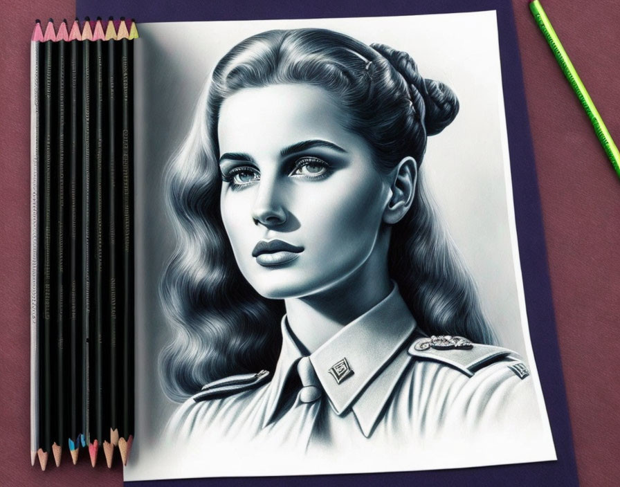 Photorealistic pencil drawing of woman in military uniform with colored pencils on maroon surface