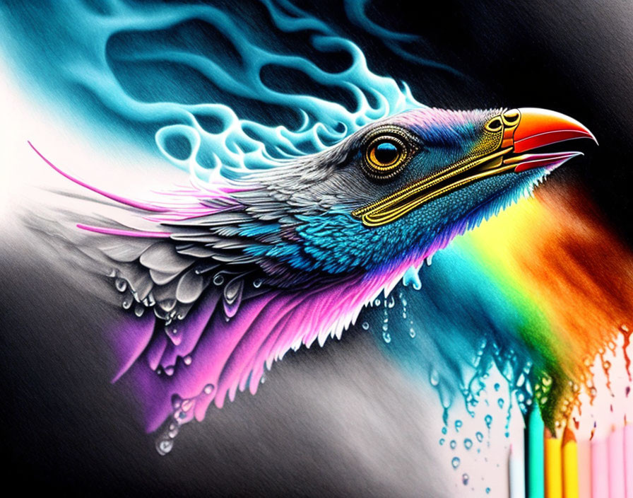 Colorful bird illustration with rainbow feathers and blue flame aura.