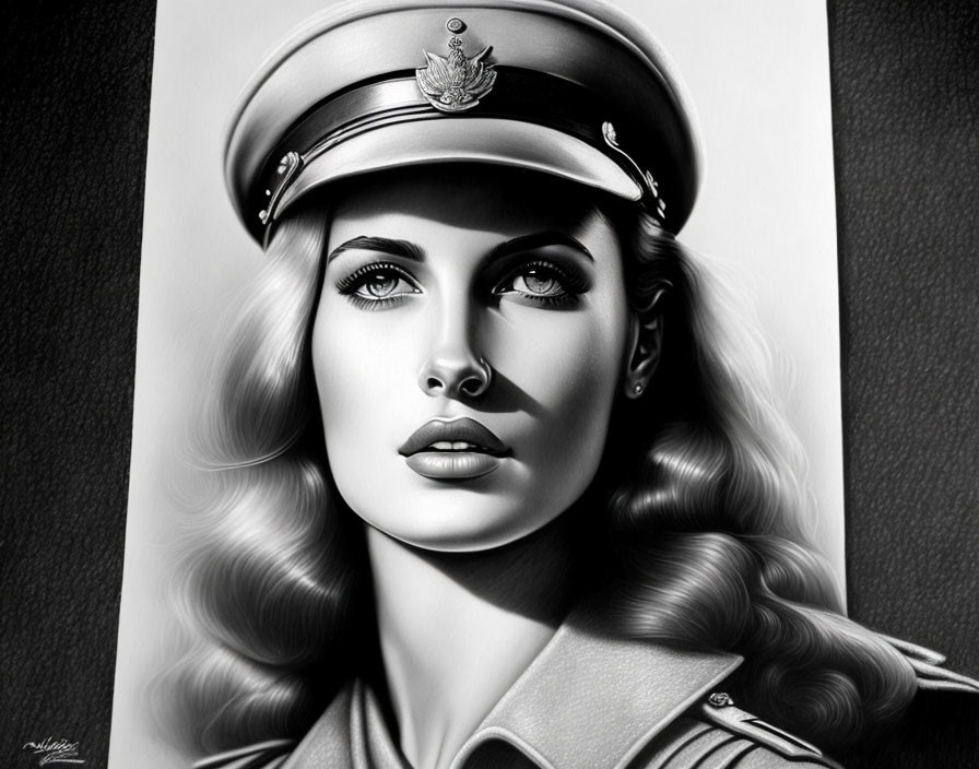 Monochromatic digital artwork of a woman with long wavy hair in a military-style cap.