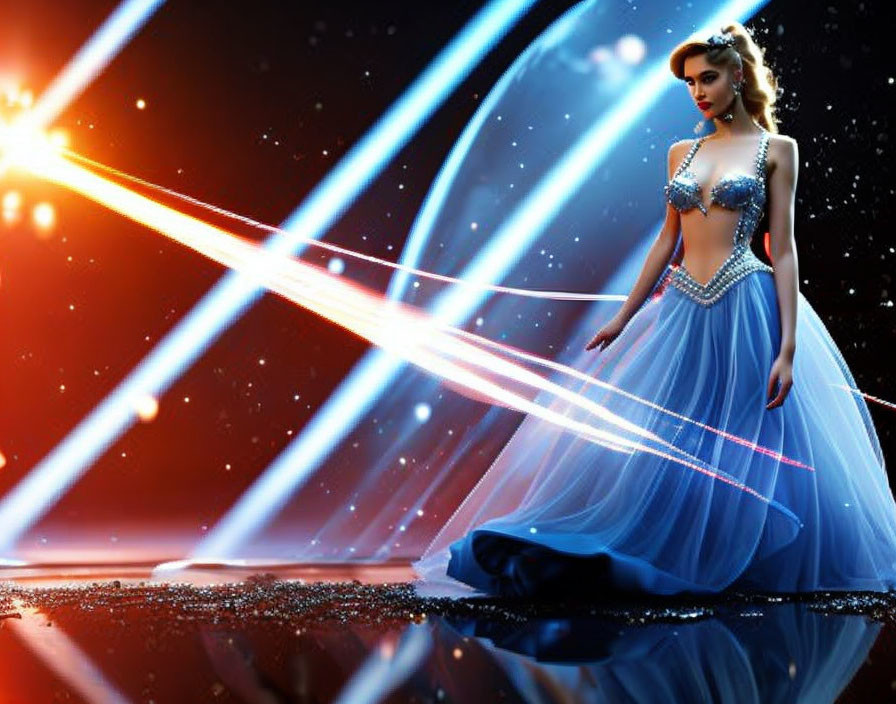 Woman in Elegant Blue Dress Surrounded by Light Streaks on Dark Background