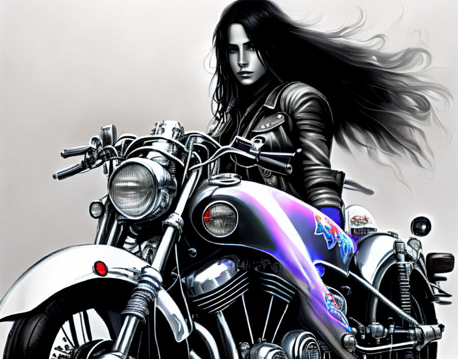 Stylized illustration of woman with long hair on classic motorcycle