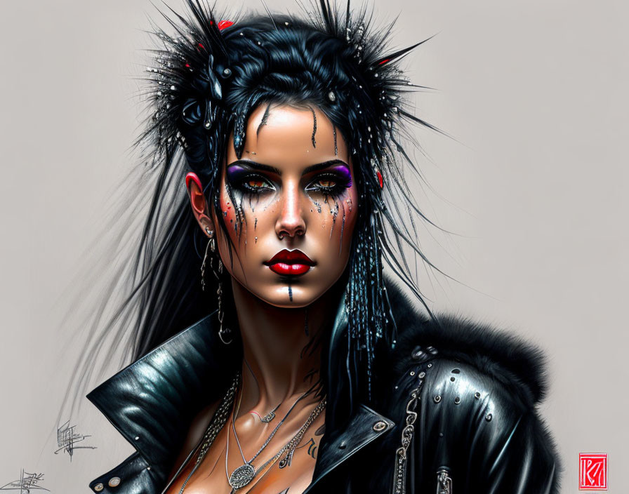 Woman with Punk Style: Dramatic Makeup, Piercings, Spiked Leather Jacket