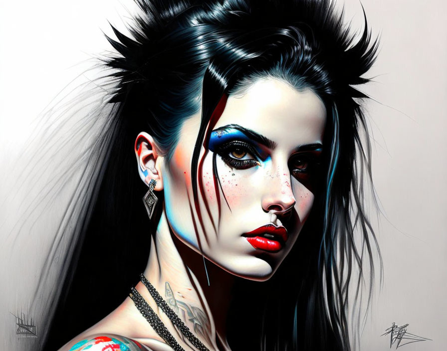 Illustrated Woman with Punk Hairstyle, Blue Eye Makeup, Red Lips, and Shoulder Tattoo