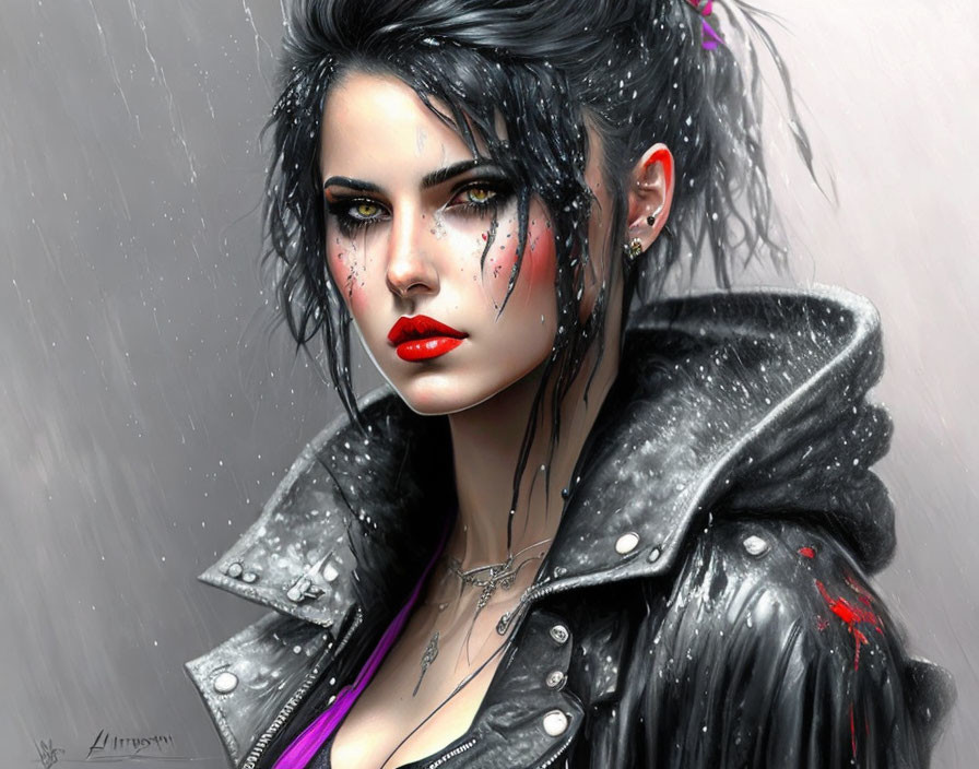 Digital portrait of a woman with dark hair, piercings, face paint, leather jacket, rain