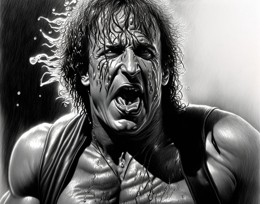 Intense monochrome artwork of muscular man with determined expression