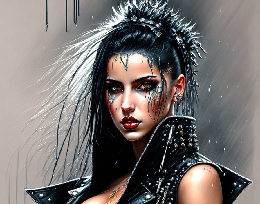 Digital artwork: Woman with punk aesthetic, dramatic makeup, spiked hair, studded leather jacket