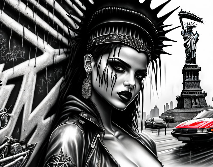 Stylized punk woman in monochrome with cityscape backdrop