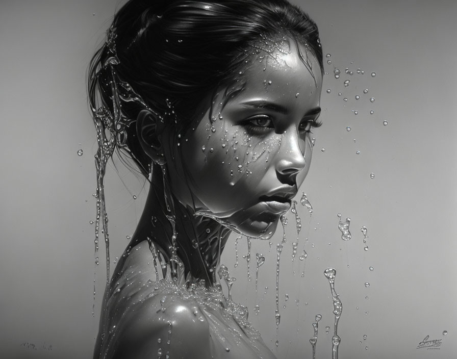 Monochromatic digital artwork: Woman with water droplets, serene expression