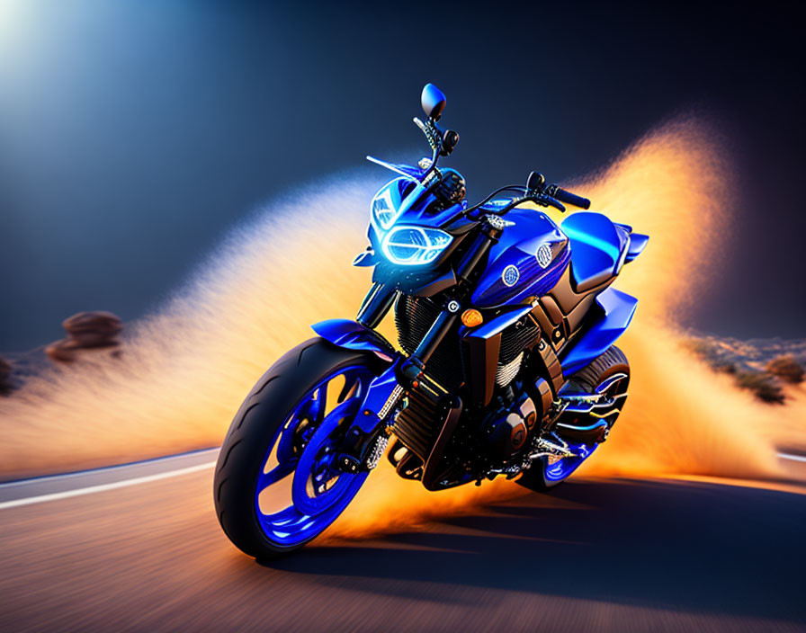 Blue sports motorcycle leaning into turn on asphalt road with orange dust trail under dramatic lighting