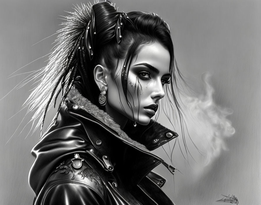 Monochrome punk woman with leather jacket exhaling smoke