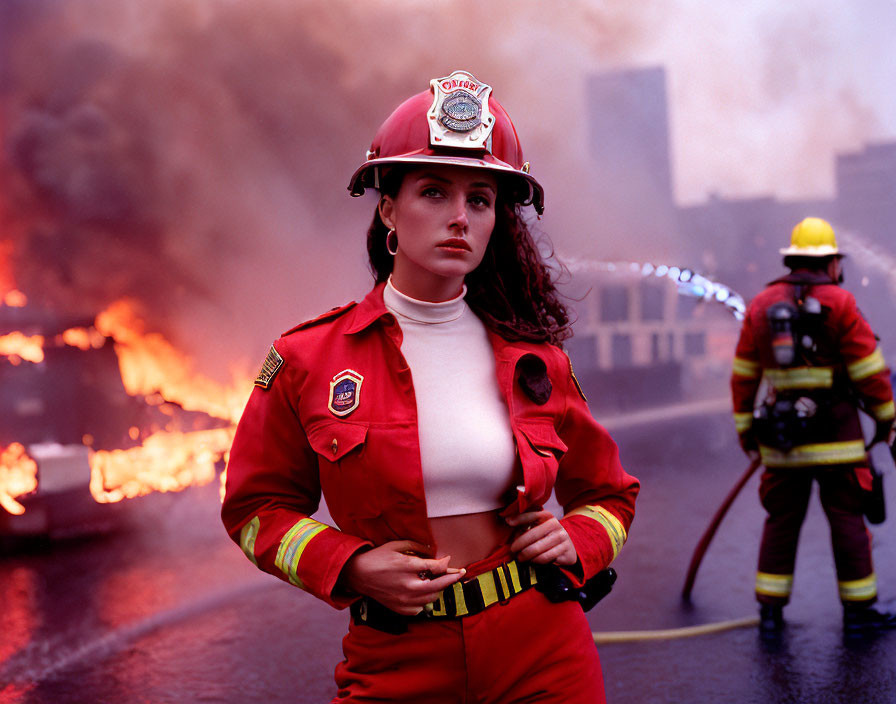 Female firefighter in red gear amidst smoky blaze with colleague and fire engine