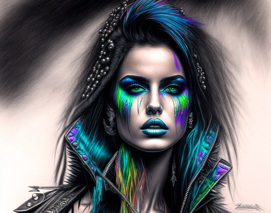 Digital artwork featuring woman with vibrant blue and green makeup, multicolored hair, leather clothing, punk