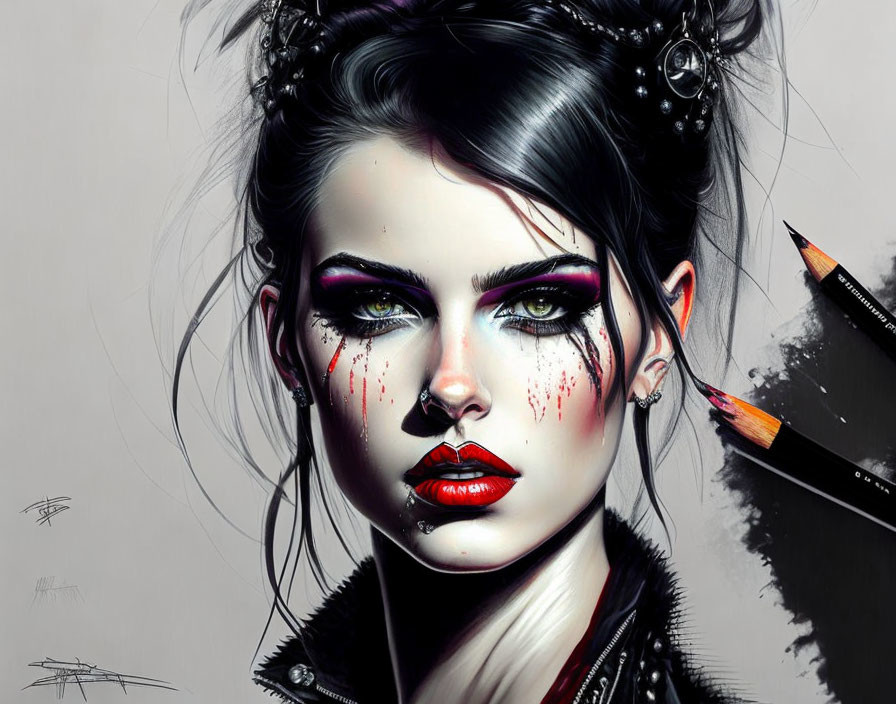 Detailed pencil drawing of woman with dramatic makeup and splattered red accents