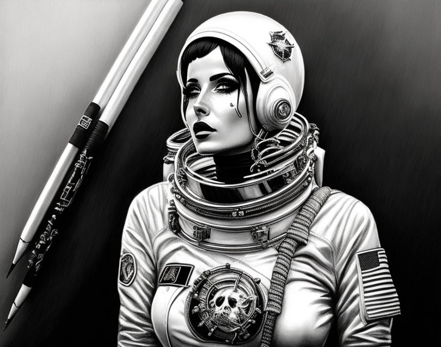 Monochromatic illustration of woman in vintage astronaut suit with space helmet and floating pencil