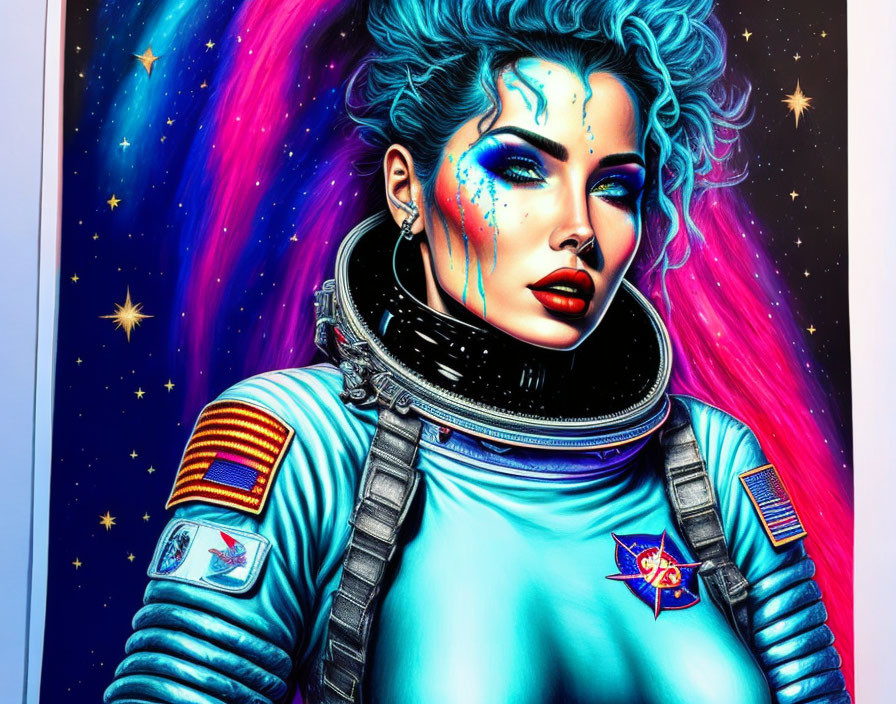 Colorful Woman Astronaut Artwork with Blue Hair & Cosmic Makeup