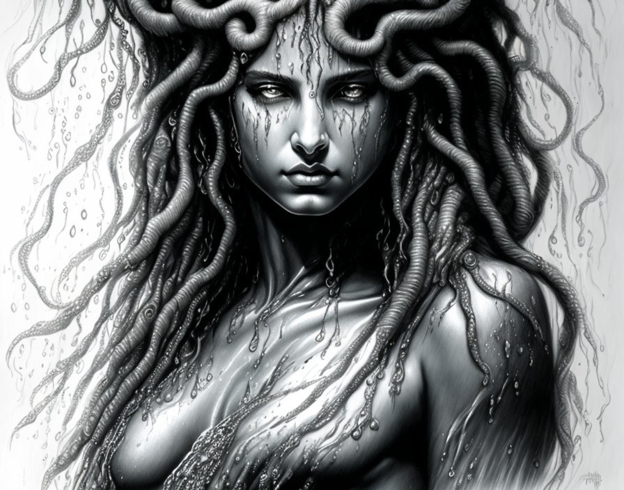 Monochrome illustration: Woman with snake hair like Medusa, intense gaze, water droplets.