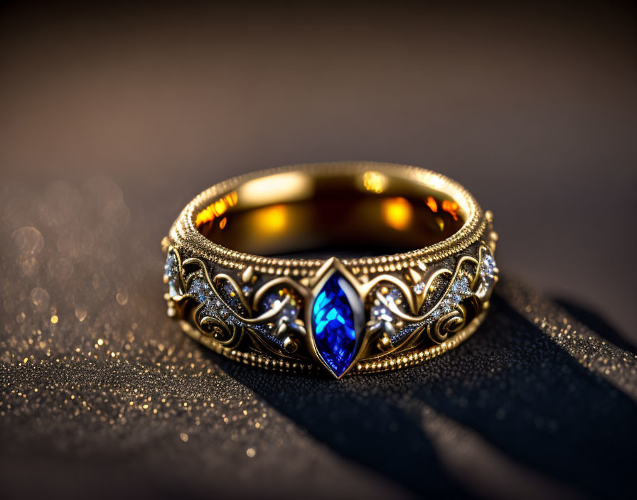 Intricate golden ring with blue gemstone on shimmering surface