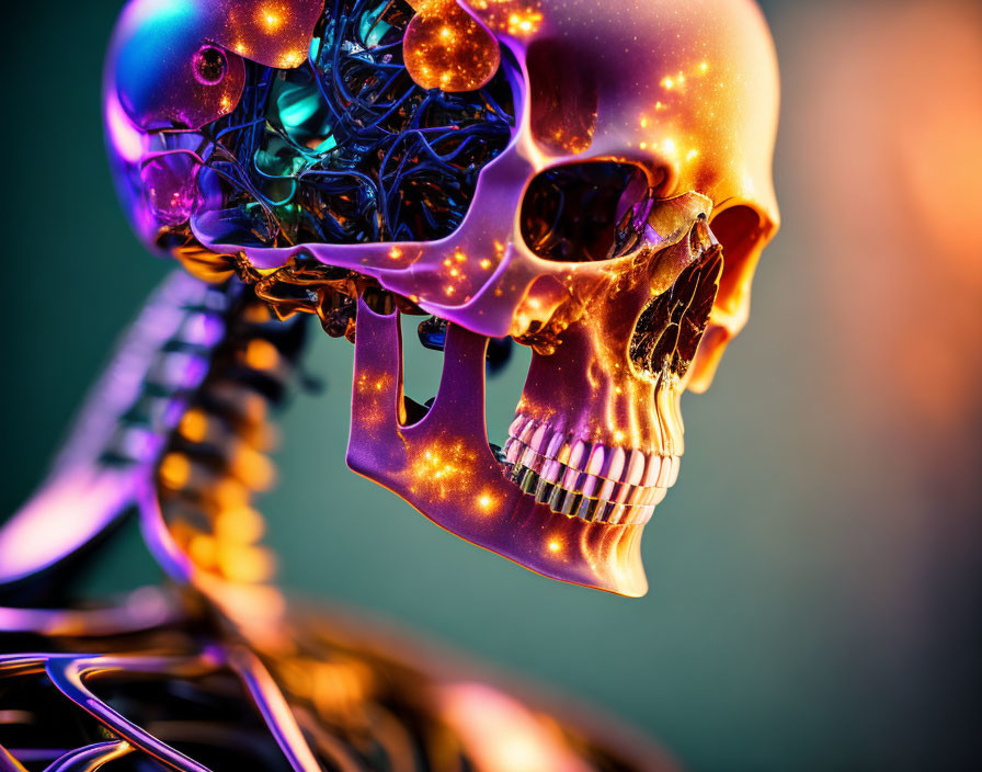 Colorful human skull with neon brain and spine on dark background