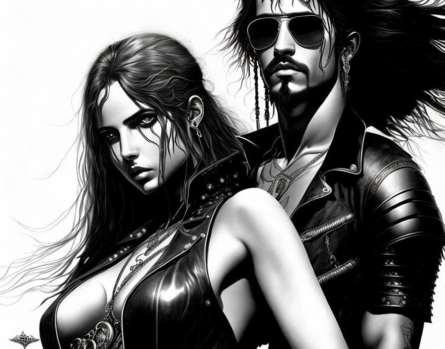 Monochrome illustration of stylish man and woman in rebellious attire