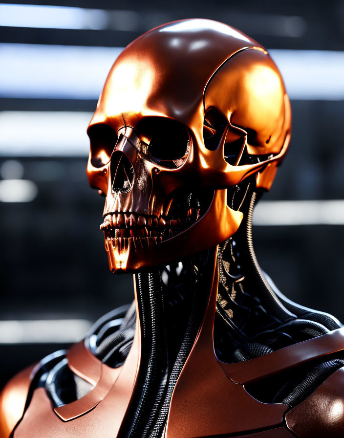 Copper-colored robotic skull on black neck structure in blurred background