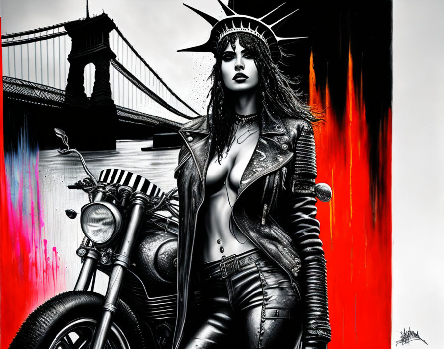 Monochrome artwork of woman in leather with spikes, Statue of Liberty resemblance, motorcycle, red paint spl