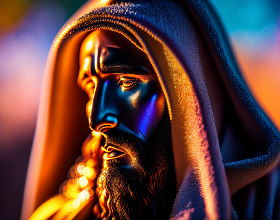 Close-Up Portrait of Bearded Man in Hood with Blue and Orange Lighting