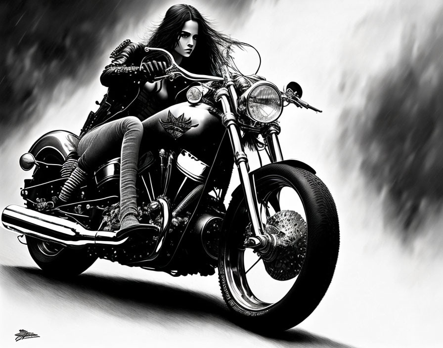 Monochrome image of woman on classic motorcycle in dynamic pose