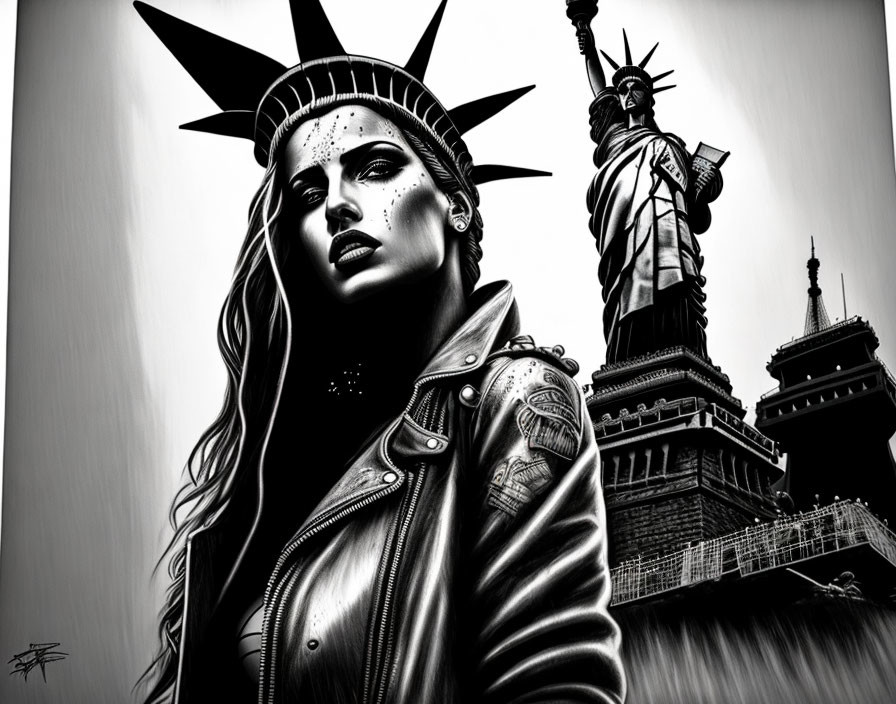 Monochrome artwork of stylized woman with Statue of Liberty and city skyline