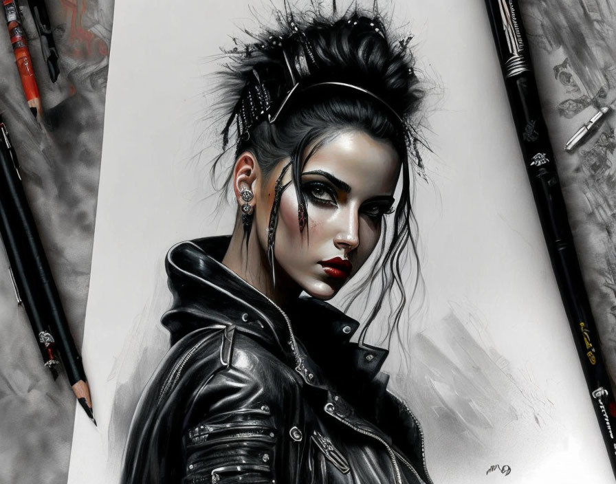 Gothic-inspired woman portrait with dramatic makeup and leather jacket