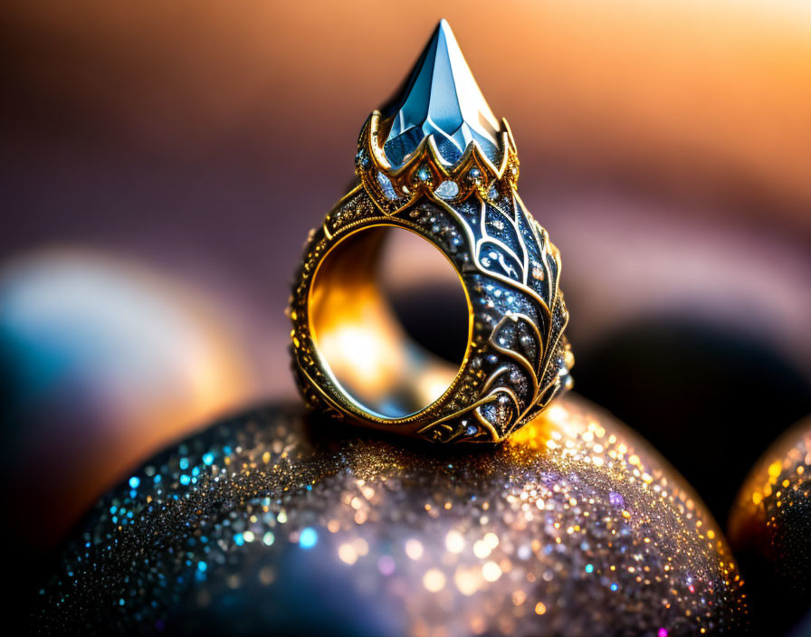 Detailed Golden Ring with Pointed Gem and Sparkling Orbs in Warm Hues