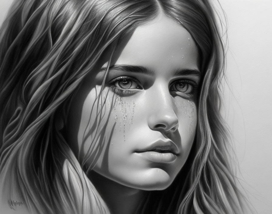 Monochrome digital art of young woman with teary eyes and wavy hair