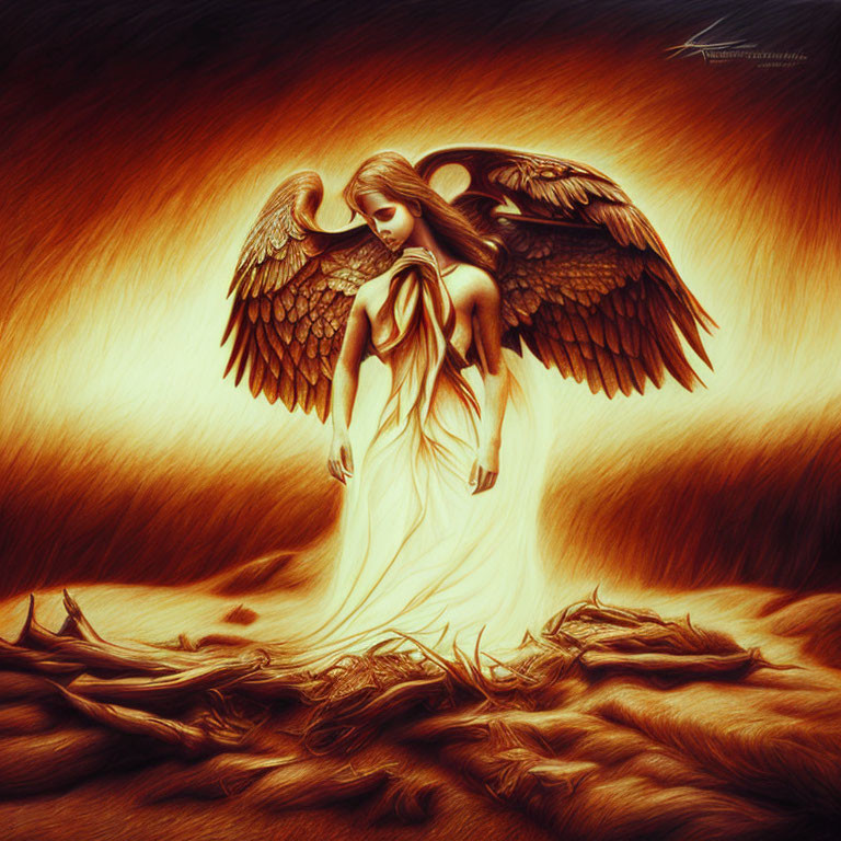 Somber angel with large wings in warm-hued ethereal setting