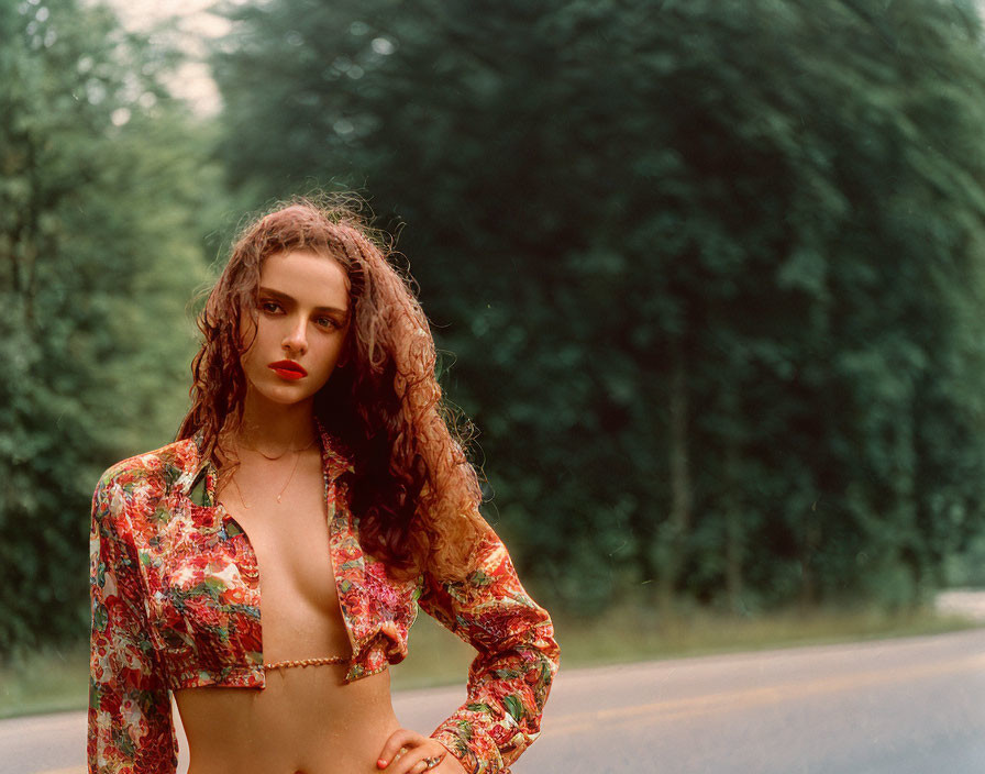 Curly-haired woman in floral crop top and jacket on roadside with greenery background