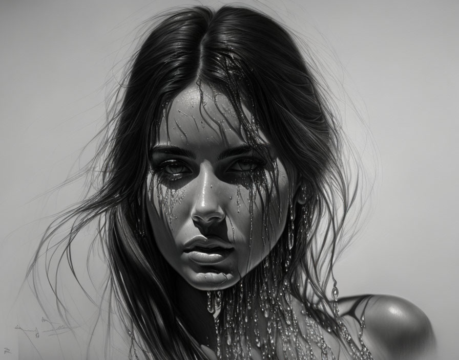 Monochromatic digital art: Woman with long hair, teardrops, contemplative gaze