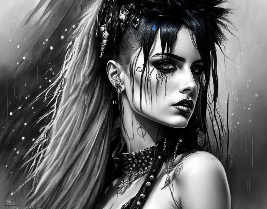 Monochrome artwork of woman with punk style makeup and piercings