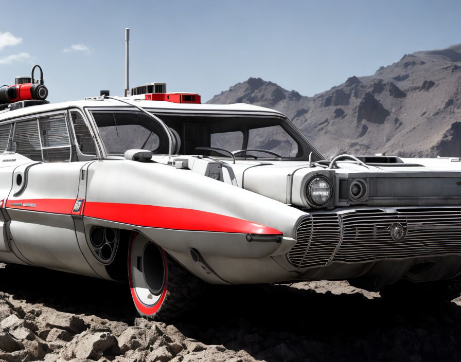 Vintage Car with Futuristic Red & White Design on Mountainous Terrain