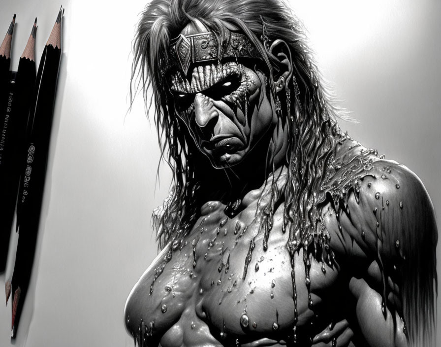 Detailed monochrome drawing of fierce warrior with face paint and intense gaze, wet hair.