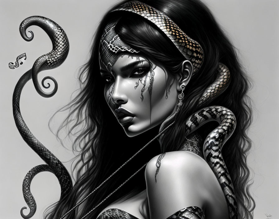 Monochromatic artwork: Woman with dark hair, head jewelry, snake, and musical note.