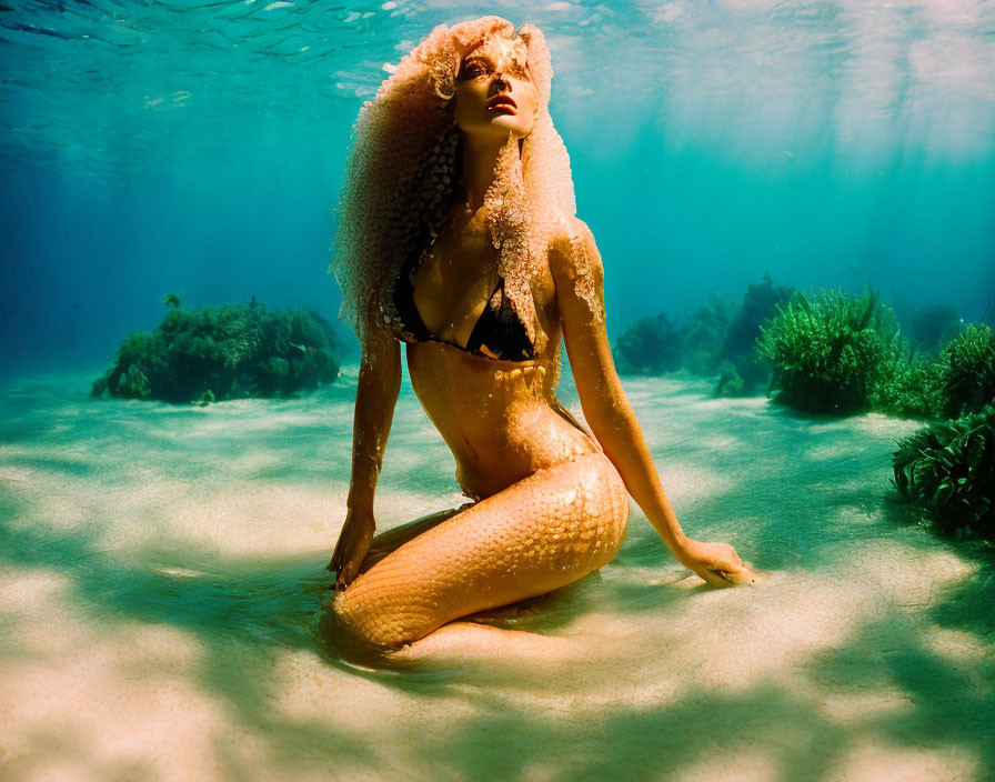 Underwater photo of person with mermaid tail in sunlight