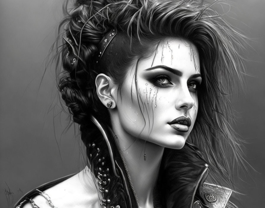 Monochrome picture of woman with bold eye makeup and leather outfit