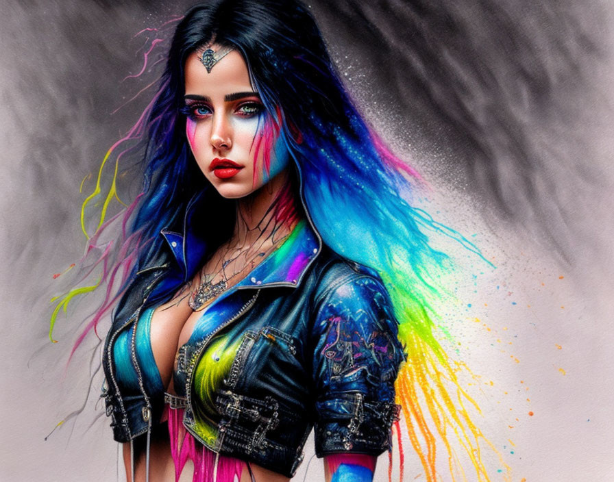 Vibrant multicolored hair woman with blue eyes and mystical gem in leather jacket