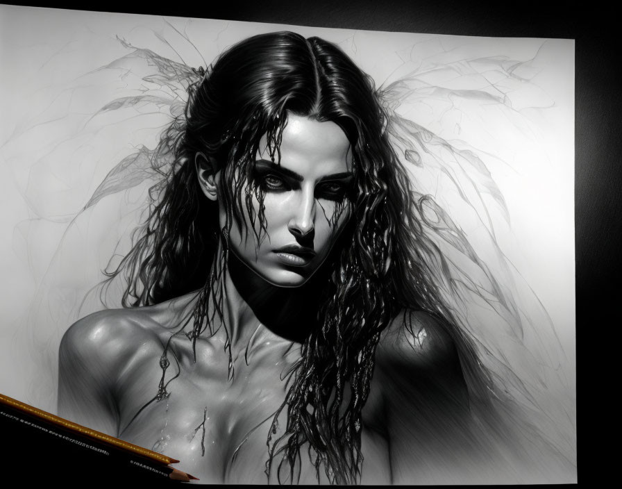 Monochromatic portrait of woman with intense gaze and wet hair