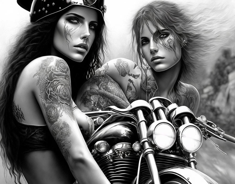 Two women with detailed tattoos on a motorcycle, one wearing a helmet, exude confidence in monoch