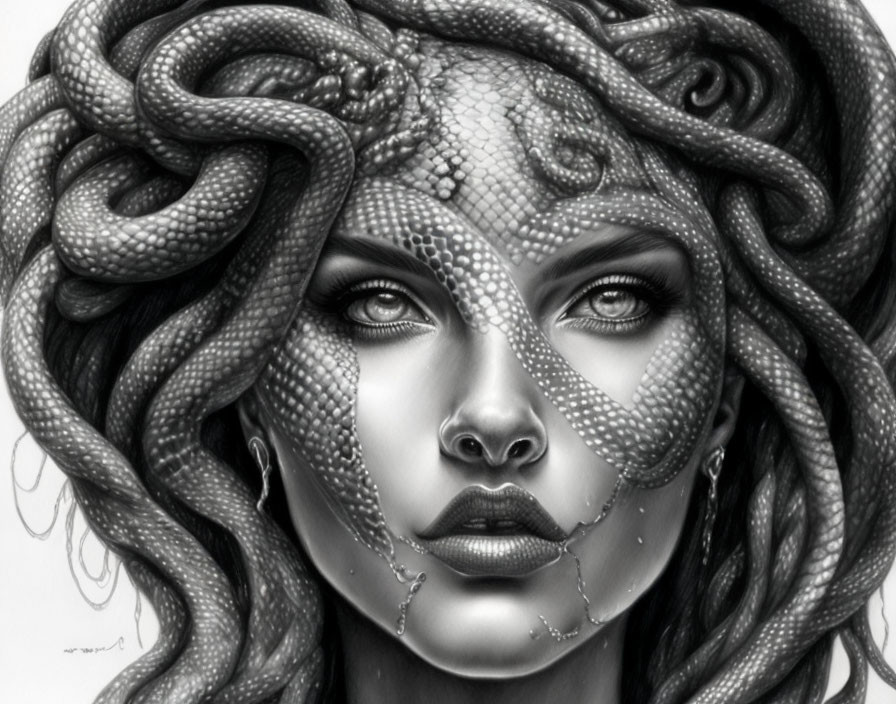 Monochromatic artwork of woman with serpentine hair and scales