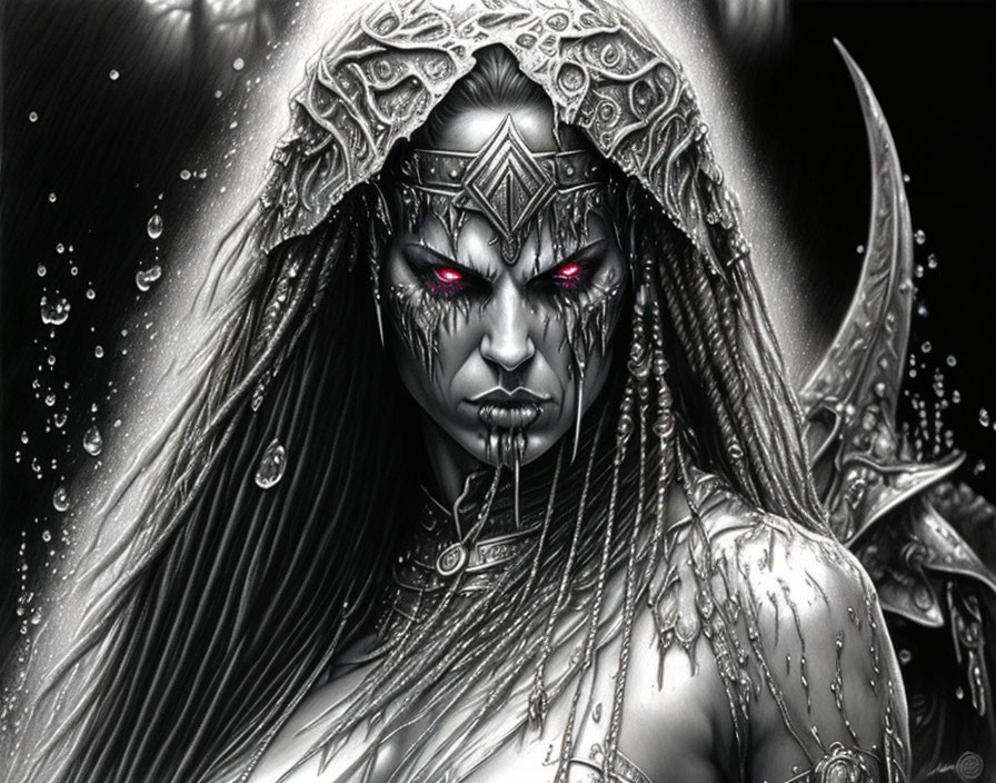 Monochrome fantasy art of fierce woman in shining armor with red eyes and intricate headgear surrounded by water